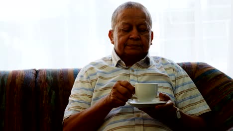 Portrait-of-senior-man-having-coffee-on-sofa-4k