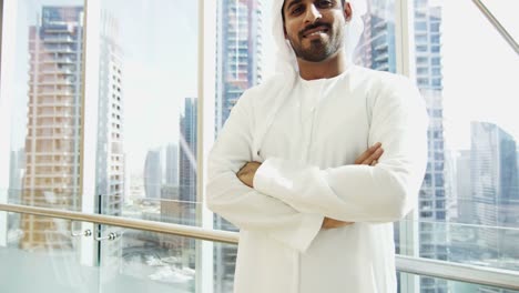 Portrait-male-Arabic-business-consultant-national-dress-downtown