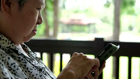 Asia-mujer-mayor-sosteniendo-el-teléfono-móvil-mientras-está-sentado-en-la-silla-en-el-restaurante.-mensaje-de-texto-mujeres-mayores,-con-la-aplicación-de-teléfono-móvil-en-el-parque.-smartphone-de-mayor-uso-para-conectar-con-la-gente-en-red-social-con-exterior-de-conexión-de-internet-inalámbrica.