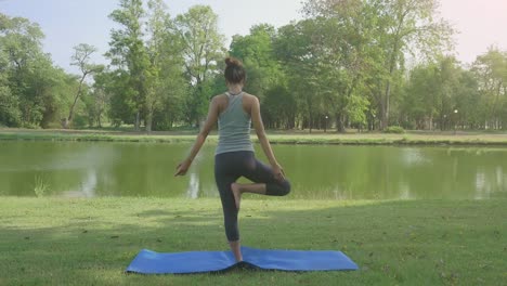 Junge-asiatische-Frau-Yoga-im-Freien-bleiben-Sie-ruhig-und-meditiert-beim-Üben-von-Yoga,-die-innere-Ruhe-zu-erkunden.-Yoga-und-Meditation-haben-gute-Vorteile-für-die-Gesundheit.-Yoga-Sport-und-gesunde-Lifestyle-Konzept.