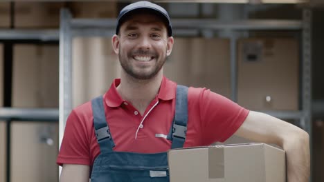 Portrait-of-Handsome-Warehouse-Worker-in-Uniform-Holds-Cardboard-Box-Package-and-Smiles.