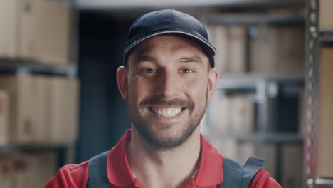 Portrait-of-Uniformed-Worker-Putting-on-a-Cap.-in-the-Background-Warehouse-or-Storeroom.