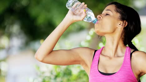 Porträt-ethnischen-weibliche-Trinkwasser-Fitness-Routine-im-freien