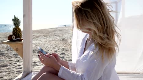 tropical-islands,-bungalow,-wind-develops-white-cloth,-beautiful-girl