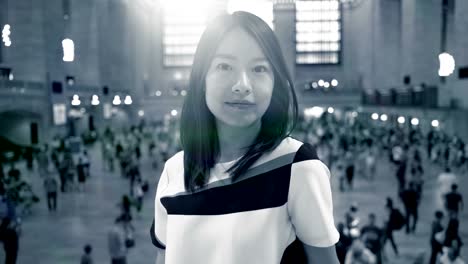 Attractive-Chinese-Woman-in-Urban-Environment.-Looking-at-the-Camera-with-Dark-Eyes-and-Dyed-Hair.