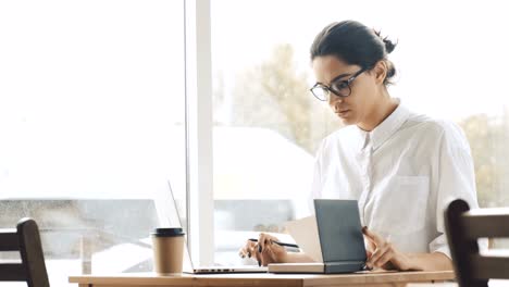 Woman-typing-and-making-notes-at-cafe