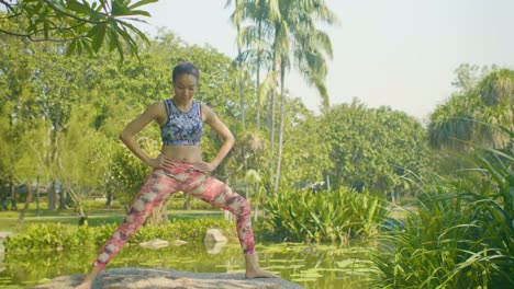 Junge-asiatische-Frau-Yoga-außerhalb-mit-schönen-Sonnenstrahlen-im-Park-machen.