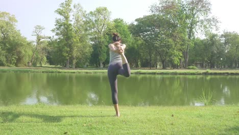 Junge-asiatische-Frau-Yoga-im-Freien-bleiben-Sie-ruhig-und-meditiert-beim-Üben-von-Yoga,-die-innere-Ruhe-zu-erkunden.-Yoga-und-Meditation-haben-gute-Vorteile-für-die-Gesundheit.-Yoga-Sport-und-gesunde-Lifestyle-Konzept.