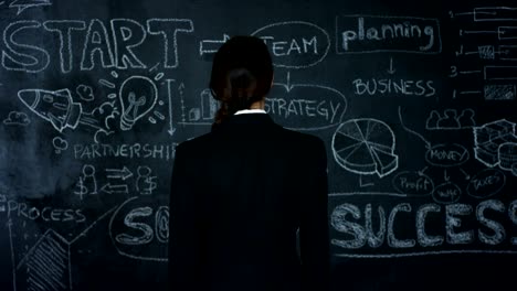 Beautiful-business-girl,-marketing-teacher,-draws-a-graph-of-success-on-a-black-board,-on-a-black-background.