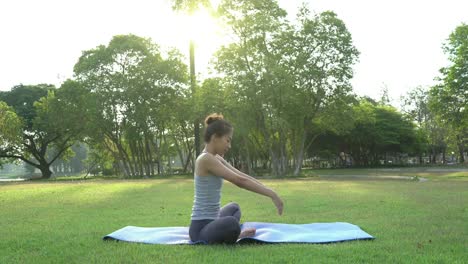 Mujer-asiática-joven-yoga-al-aire-libre-mantenga-la-calma-y-medita-mientras-practicaba-yoga-para-explorar-la-paz-interior.-Yoga-y-la-meditación-tienen-beneficios-para-la-salud.-Yoga-deporte-y-sano-concepto-de-estilo-de-vida.