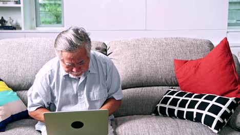 Tochter-Unterricht-ihres-Vaters-Computerkenntnisse-im-Wohnzimmer.-Asiatischer-Mann-mit-weißem-Bart-und-junge-Frau-sitzt-im-Wohnzimmer-mit-Laptop.-Familie-Senior-Lifestyle-Konzept.