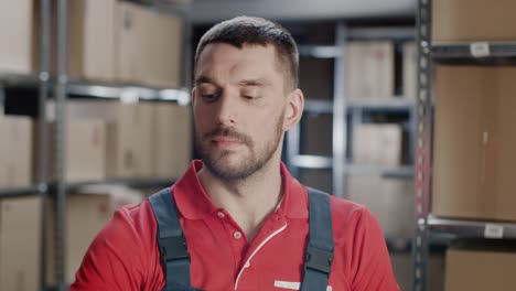 Retrato-de-sonriente-trabajador-uniformado-poniendo-en-la-tapa.-en-el-almacén-del-fondo.