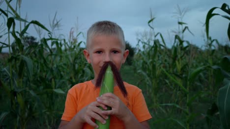 A-boy-with-corn-silk-mustache.-Boy-making-a-mustache-from-corn-hair