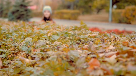 Mädchen-berührt-die-Sträucher-im-Herbst-park