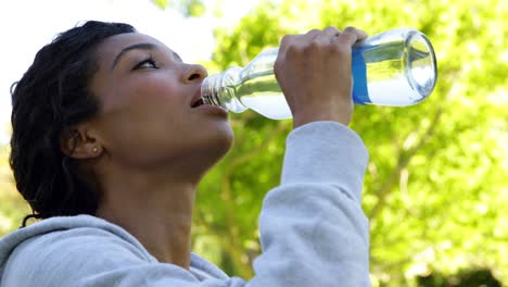 Happy-fit-brunette-Sie-eine-Pause-und-Mineralwasser