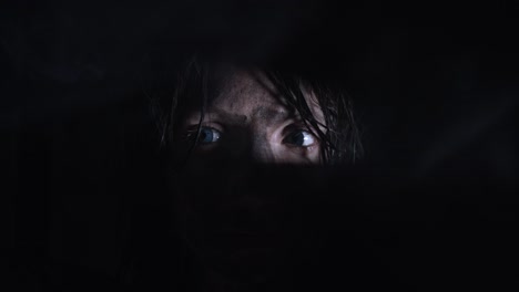 4k-Horror-Shot-of-a-Dirty-Zombie-Woman-Looking-Through-a-Hole