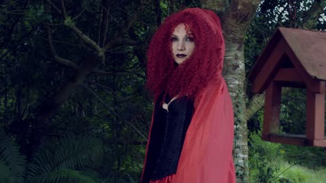 4k-Halloween-Shot-of-Red-Riding-Hood-Turning-Evil-to-Camera