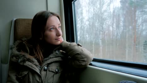 Pensive-woman-relaxing-and-looking-out-of-a-train-window