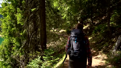 Viajero-con-mochila-se-pasea-por-el-bosque