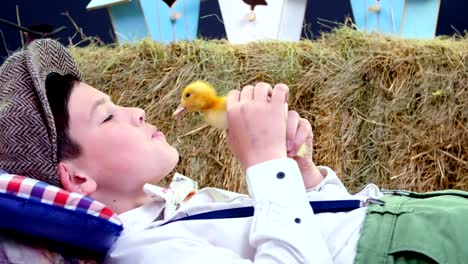 Ein-rustikal,-stilvoll-gekleidete-junge-spielt-mit-Enten-und-Hühner,-im-Hintergrund-Häuser-ein-Heuhaufen,-farbigen-Vogel,-Luftballons-und-Blumen