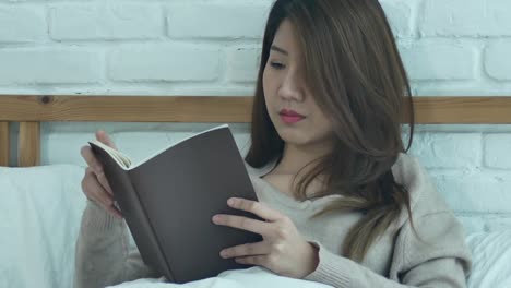 Lifestyle-happy-young-Asian-woman-enjoying-lying-on-the-bed-reading-book-pleasure-in-casual-clothing-at-home.-Relaxing-lifestyle-woman-concept.