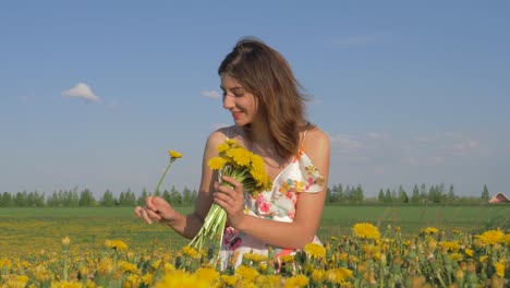 Porträt-einer-Frau-sammeln-ein-Bouquet-von-gelben-Blüten-Löwenzahn-In-einem-Feld