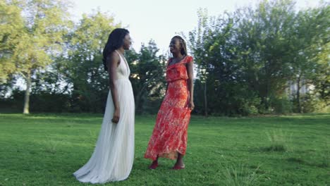 Slow-Motion-von-zwei-afroamerikanische-Frauen-stehen-in-einem-Park-in-Los-Angeles