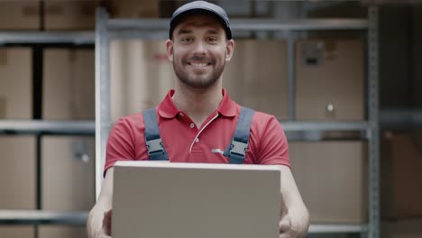 Portrait-of-Handsome-Warehouse-Worker-in-Uniform-Gives-Cardboard-Box-Package-and-Smiles.