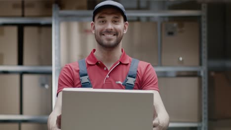 Portrait-der-schönen-Lagerarbeiter-in-Uniform-gibt-Karton-Verpackung-und-lächelt.