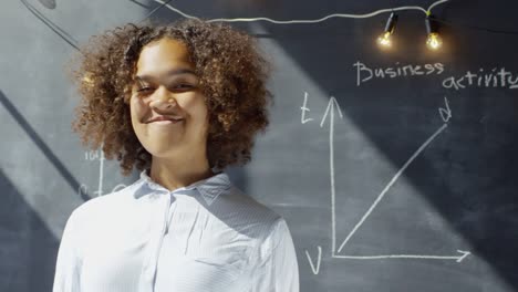 Portrait-of-Smiling-Businesswoman-Standing-at-Chalkboard