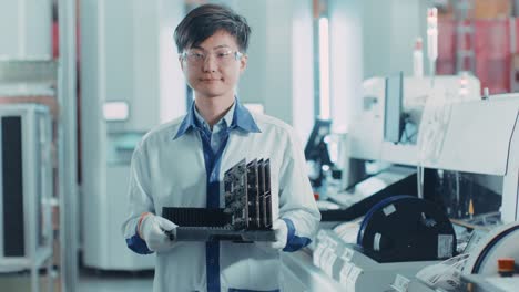 On-High-Tech-Factory:-Portrait-of-Asian-Worker-Holding-Batch-with-Electronic-Printed-Circuit-Board-Assembled-with-use-of-Surface-Mount-Technology-on-Pick-and-Place-Machinery.