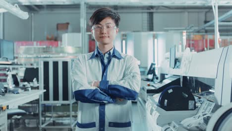 On-High-Tech-Factory:-Portrait-of-Asian-Worker-with-Crossed-Arms.-In-the-Background-Electronic-Printed-Circuit-Board-Assembly-Line-that-Uses-Surface-Mount-Technology-and-Pick-and-Place-Machinery.