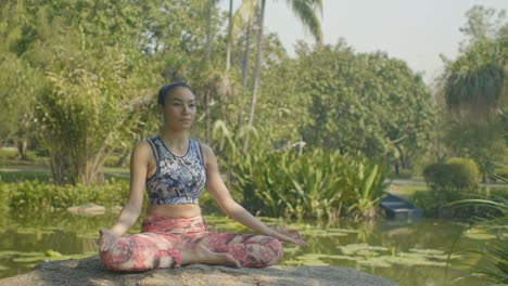 Junge-asiatische-Frau-Yoga-draußen-im-Park-machen.-Attraktive-Frau,-die-in-Lotus-Pose-im-schönen-Sonnenlicht-meditieren.