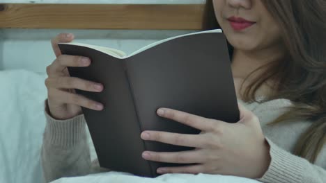 Lifestyle-happy-young-Asian-woman-enjoying-lying-on-the-bed-reading-book-pleasure-in-casual-clothing-at-home.-Relaxing-lifestyle-woman-concept.