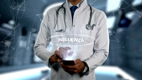 Influenza---männlich-Arzt-mit-Handy-öffnet-und-Hologramm-Krankheit-Wort-berührt