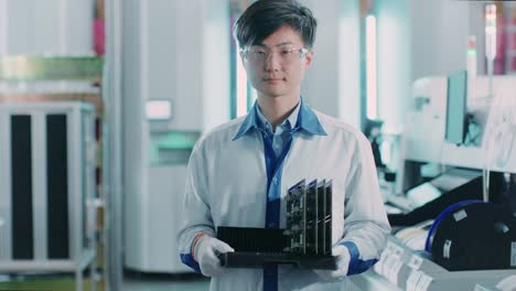 On-High-Tech-Factory-Asian-Worker-Holds-Batch-with-Electronic-Printed-Circuit-Board-Assembled-with-use-of-Surface-Mount-Technology-on-Pick-and-Place-Machinery.