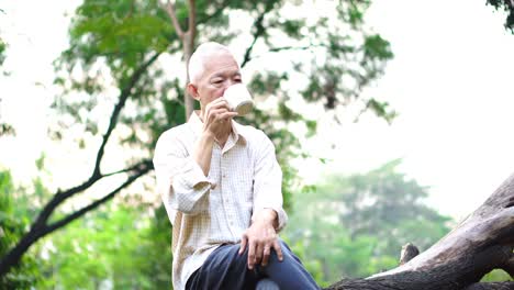 Lonely-Asian-senior-man-sitting-looking-sad-drinking-coffee-alone-in-park-thinking-about-life