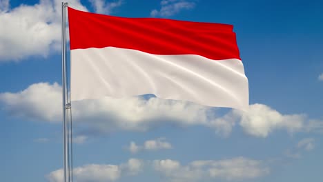 Flagge-von-Indonesien-vor-Hintergrund-Wolken-am-blauen-Himmel-schweben