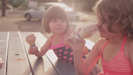 Familia-divirtiéndose-y-comer-helados-en-la-mesa-de-día-de-campo