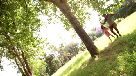 Cute-daughter-pushing-her-dad-on-a-swing-in-park