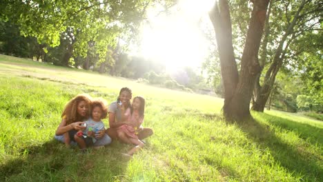 Junge-afrikanische-amerikanische-Familie-für-die-wertvolle-Zeit-mit-der-Familie-im-Park