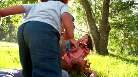 Adorable-african-american-family-blows-soap-bubbles-at-eachother