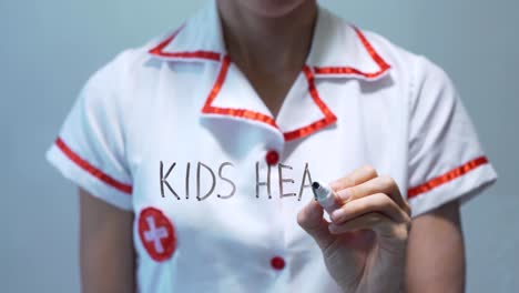 Kids-health,-Female-doctor-writing-on-transparent-screen