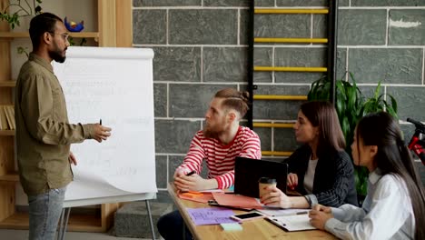 Joven-empresario-afroamericano-explicando-el-plan-de-negocios-puesta-en-marcha-en-el-papelógrafo-con-la-presentación-de-tecnología-blockchain-a-colegas-de-oficina-loft-moderno-en-el-interior