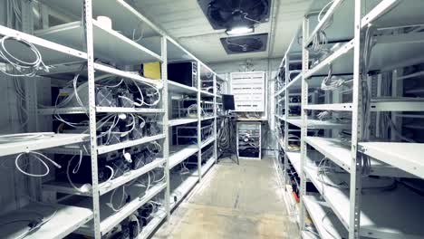 Server-Raum-für-Krypto-Währung-Bergbau.-Reihe-von-Bitcoin-Miner-auf-kabelgebundene-Regale-eingerichtet.-Bergbau-kryptowährung.-Bitcoin-Bauernhof.-Maschinen-für-den-Bergbau-kryptowährung,-Bitcoin.-Elektronisches-Gerät-am-Tag