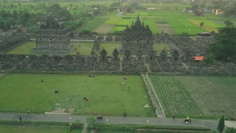 Plaosan-temple-aerial-timelpase,-Buddhist-temples-located-in-Bugisan-village,-Yogyakarta,-Indonesia