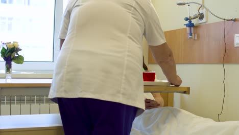 Nurse-bring-the-tray-with-food-to-a-young-girl-patient-in-a-hospital-room