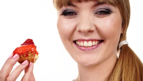 Woman-holds-cupcake-sweet-food-in-hand-4K