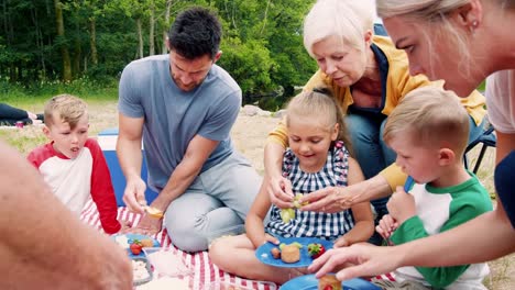 Tiro-de-cámara-lenta-de-Multi-generación-familia-disfrutar-de-Picnic-en-el-campo