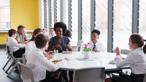 Maestra-con-el-grupo-de-estudiantes-de-secundaria-con-uniforme-sentados-a-la-mesa-y-comer-el-almuerzo-en-la-cafetería
